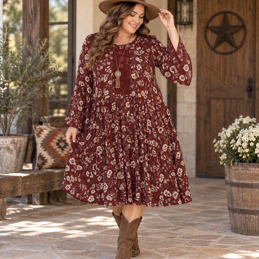 Torrid Womens Super Soft Floral Boho Maxi Dress Size 4 Burgundy Bell Sleeves